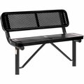 Global Industrial 4ft Outdoor Steel Bench w/ Backrest, Perforated Metal, In Ground Mount, Black 695744IBK